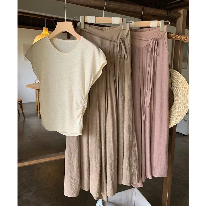 Summer Vintage Ethnic Style Wide Leg Trousers Women Elastic Waist Loose Fashion Pleated Comfortable Bandage Personality Pants