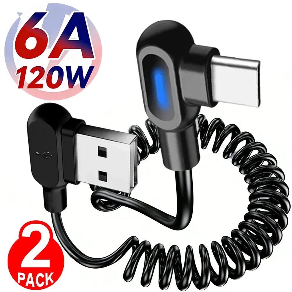 

1/2Pc 6A USB C Fast Charging Cable Elbow Stretch Spring Data Cord For iPhone Samsung Xiaomi Huawei Phone Car Charge Type C Cable