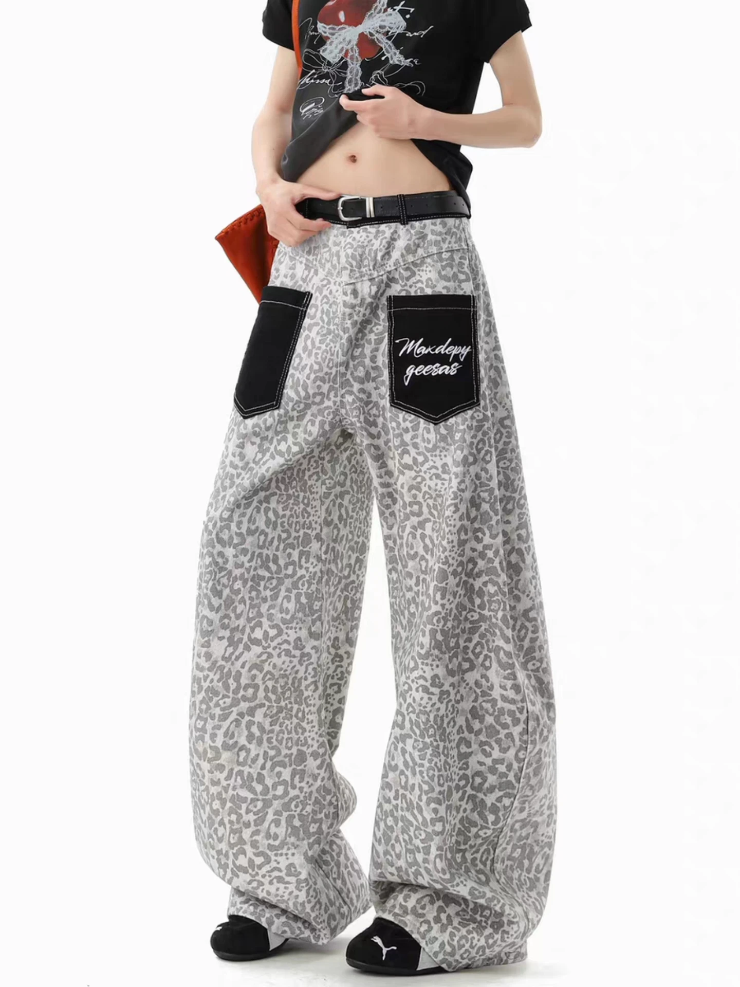 American Retro Leopard Print Splicing Jeans Casual Loose Wide Leg Knife Shape Men Women Summer New Style High Waist Denim Pants
