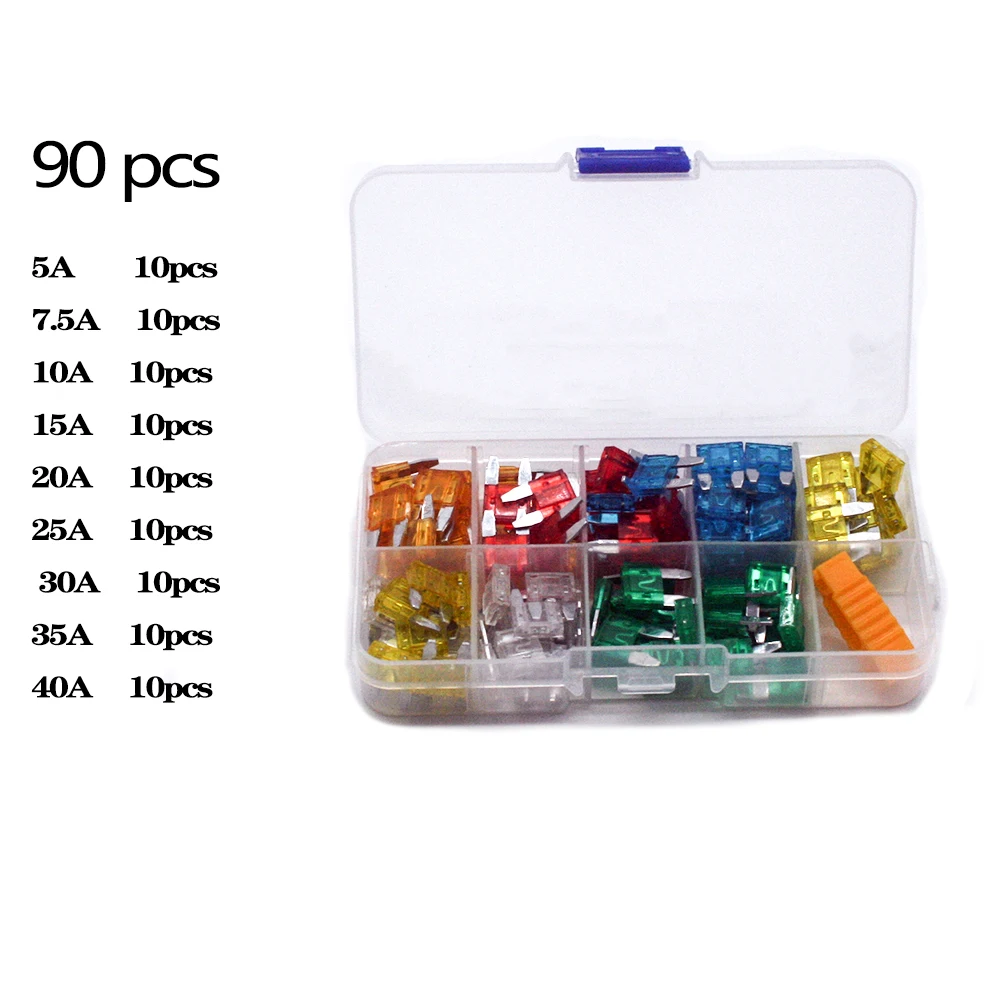 90/180pcs box mini small car fuse sheet 5A 7.5A 10A 15A 20A 25A 30A 35A Amp with Box Clip Assortment Auto Blade Type Fuse Set T