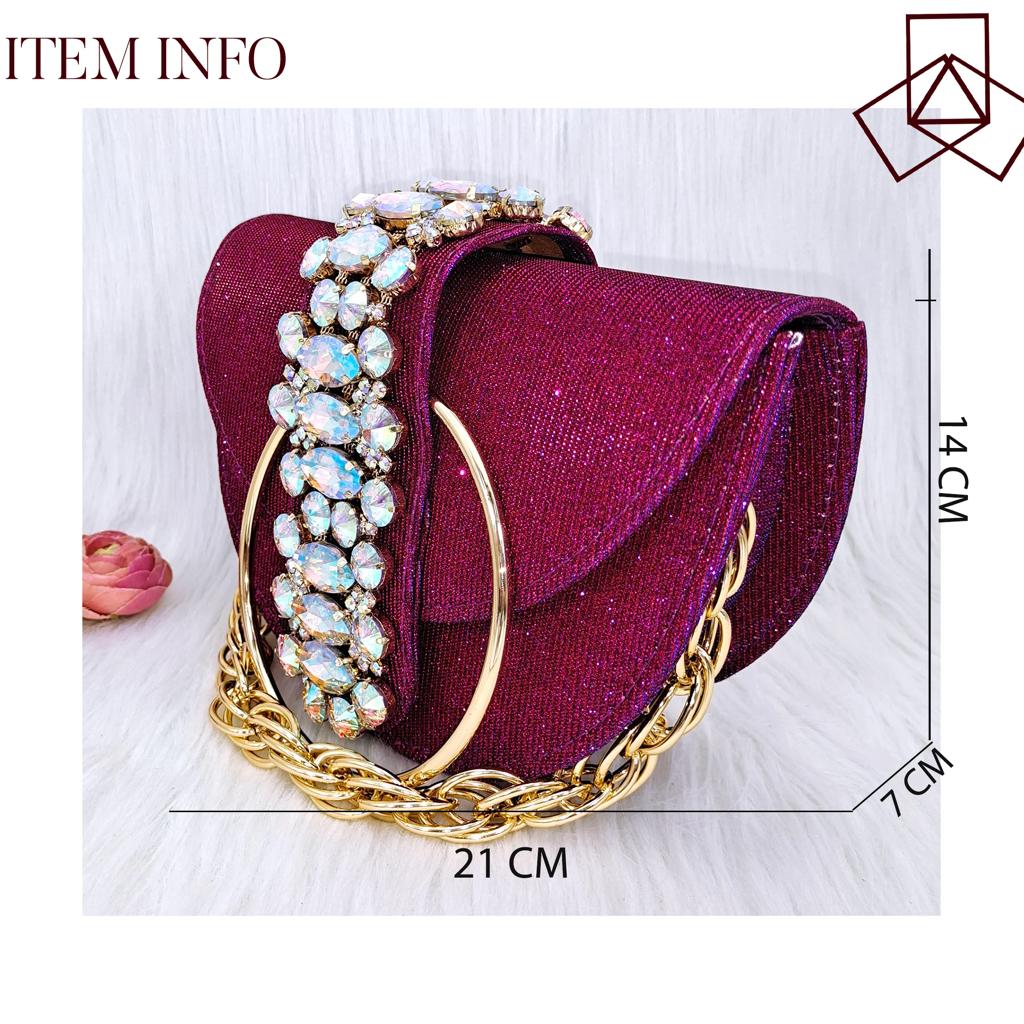 QSGFC Elegant Half Round Metal Ring Clutch and Ladies High Heels Shiny Material with Big Rhinestones for Wedding Party