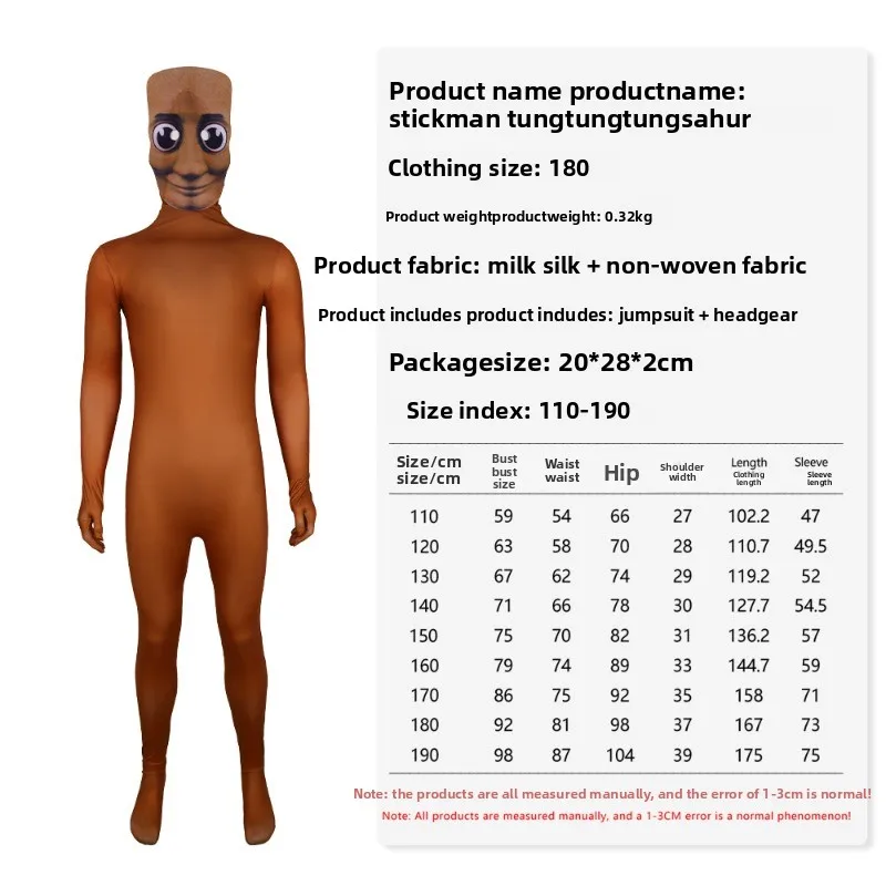 Costume italien Brainrot Tung pour enfants, combinaison de Cosplay d'halloween, body pour adultes, couvre-tête de dessin animé, ensemble de fête de séparation, cadeau