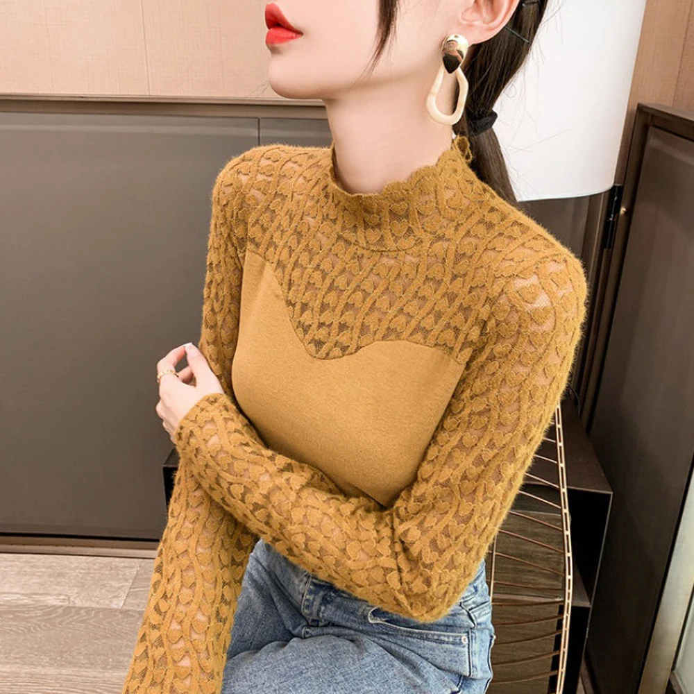 

S-2XL Women Lace Knit Patchwork T-Shirt Long Sleeve Blouse Crew Neck Mesh Turtleneck Tops Autumn Winter Sweater Red Apricot