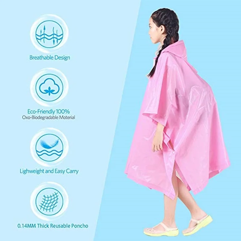 Reusable Raincoat with Hood for Teens and Kids, Foldable, Outdoor, Boys, Girls, Students Cycling Poncho, EVA Cloak