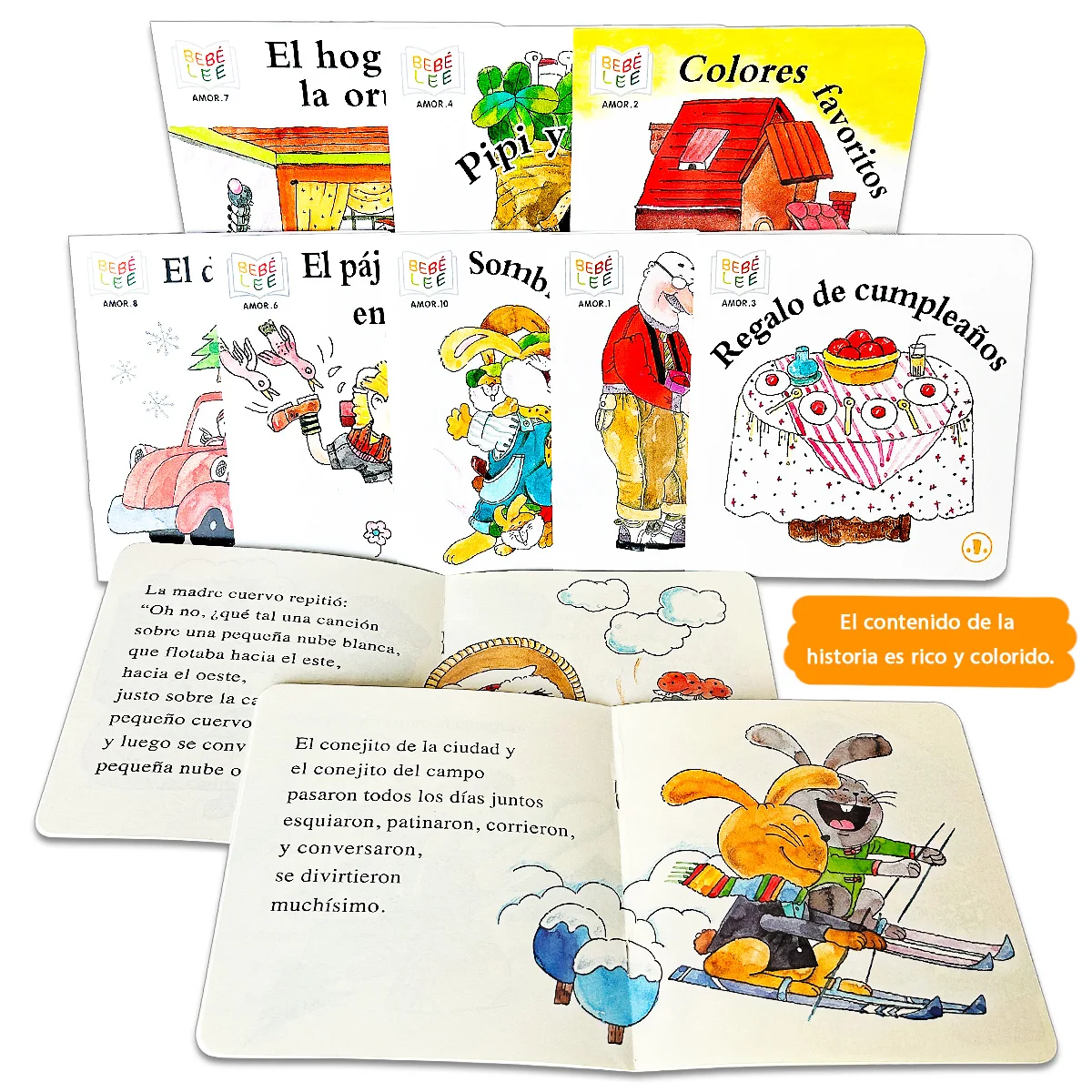 

Ten Spanish storybooks: Mini storybooks that expand children's vocabulary and imagination. School supplies. a birthday present.