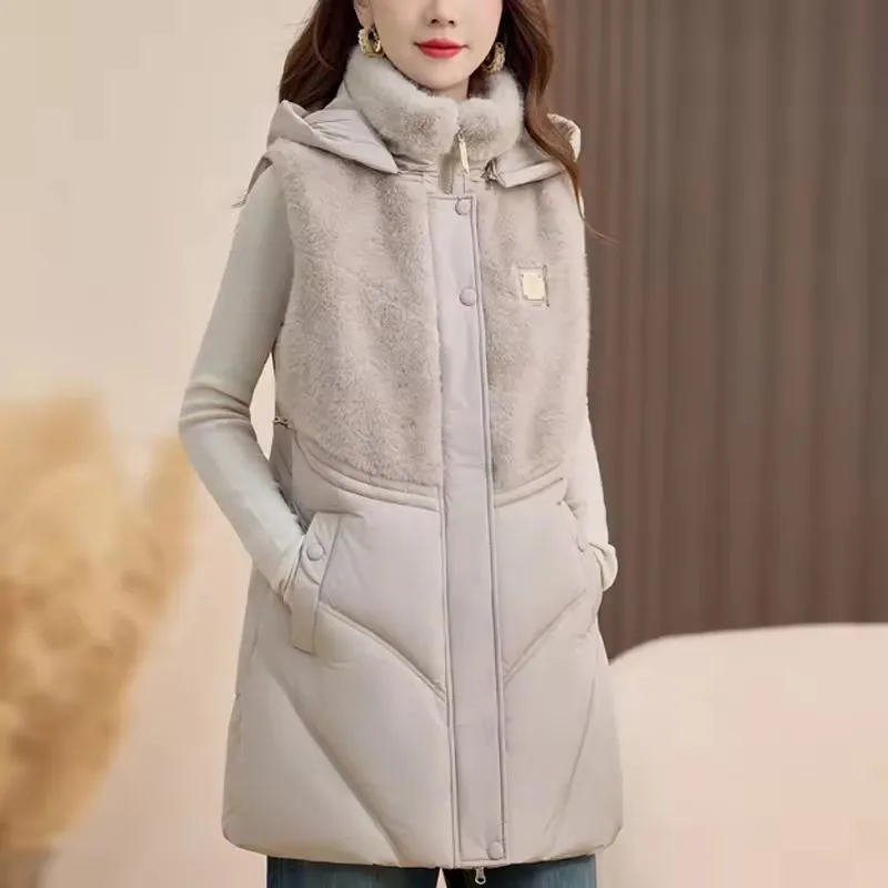 

Fashion Winter Women's Cotton Vest Jacket Detachable Hooded Fur Collar Patchwork Casual Sleeveless Waistcoat Warm Long Overcoat