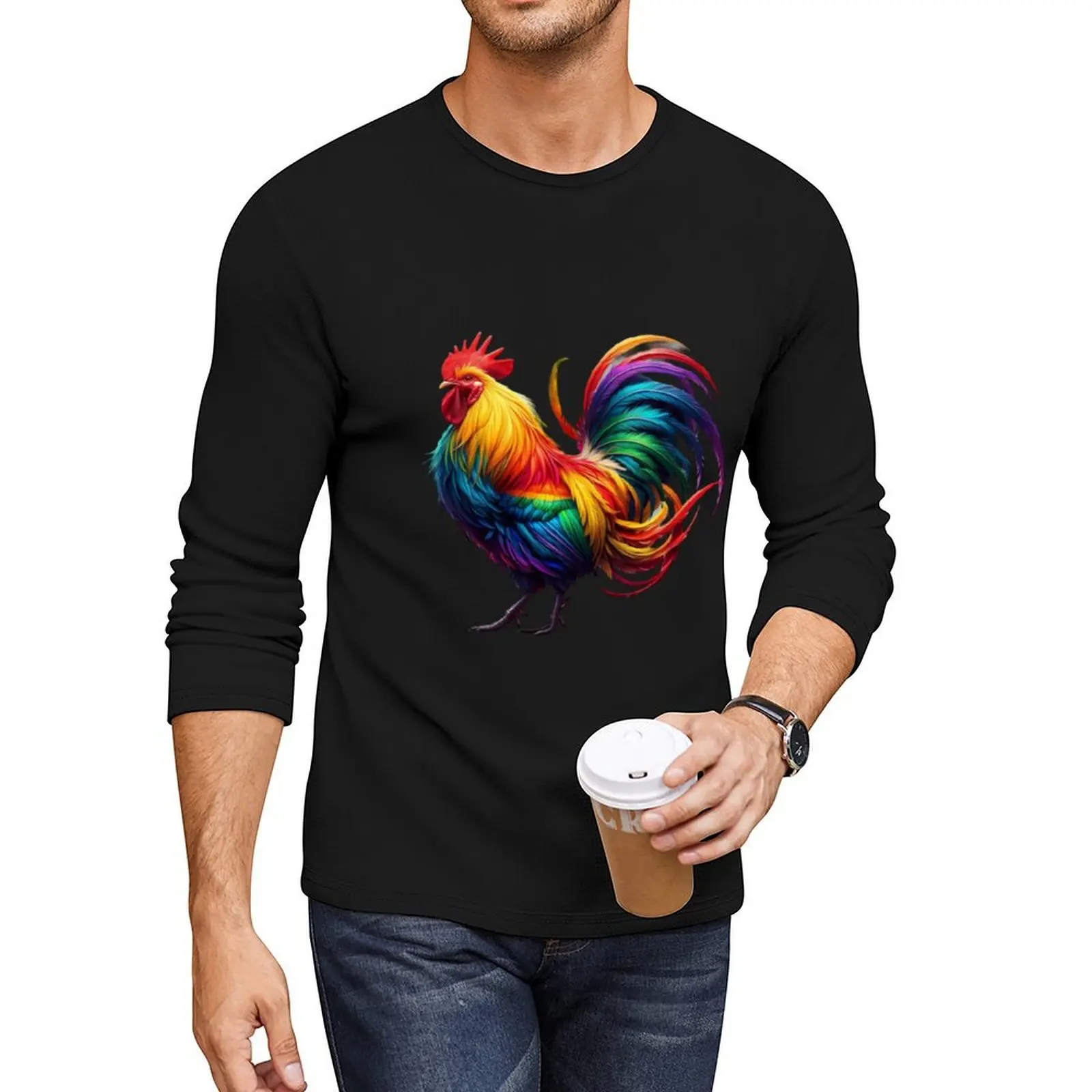 Rainbow filled Rooster cock Long T-Shirt customized t shirts Anime t-shirt blank t shirts fitted t shirts for men