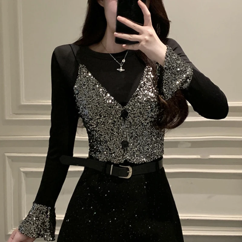 

2025 Spring Patchwork Sequin Tops Fake Two-piece Long Sleeve T-shirt Slim Fit Round Neck Black Casual Women Shirt