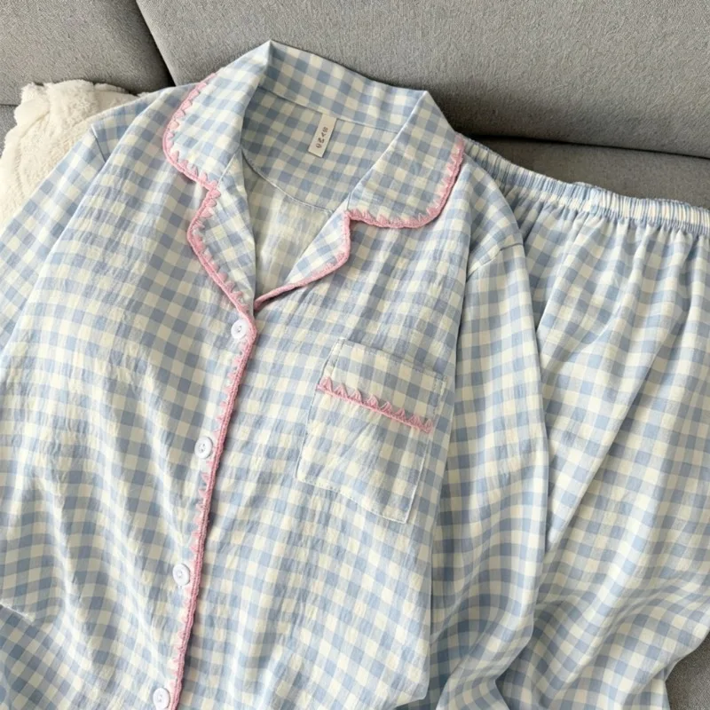 Korean Plaid Lace Trim Sleepwear Oversized Sweet Casual Casual Soft Pajamas Set for Women Autumn New 2026 Large Size Pajamas Set