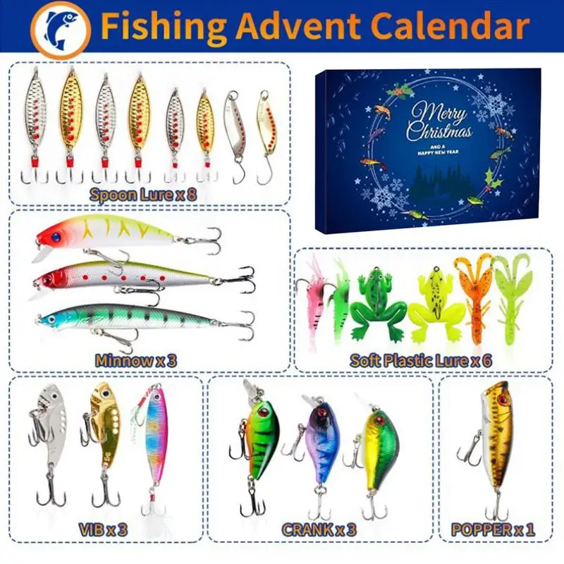 Fishing Lure Advent Calendar 2024 Fishing Tackle Countdown Box Freshwater Fishing Tools Kit Box For Trout Lake Fishing Helper