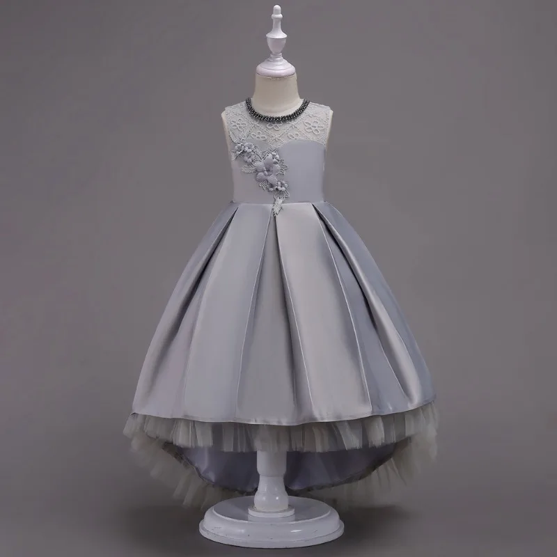 Robe de printemps et d'été pour enfants, queue de princesse, performance d'hôte, fleur, monochromatique, col rond, robes de fille