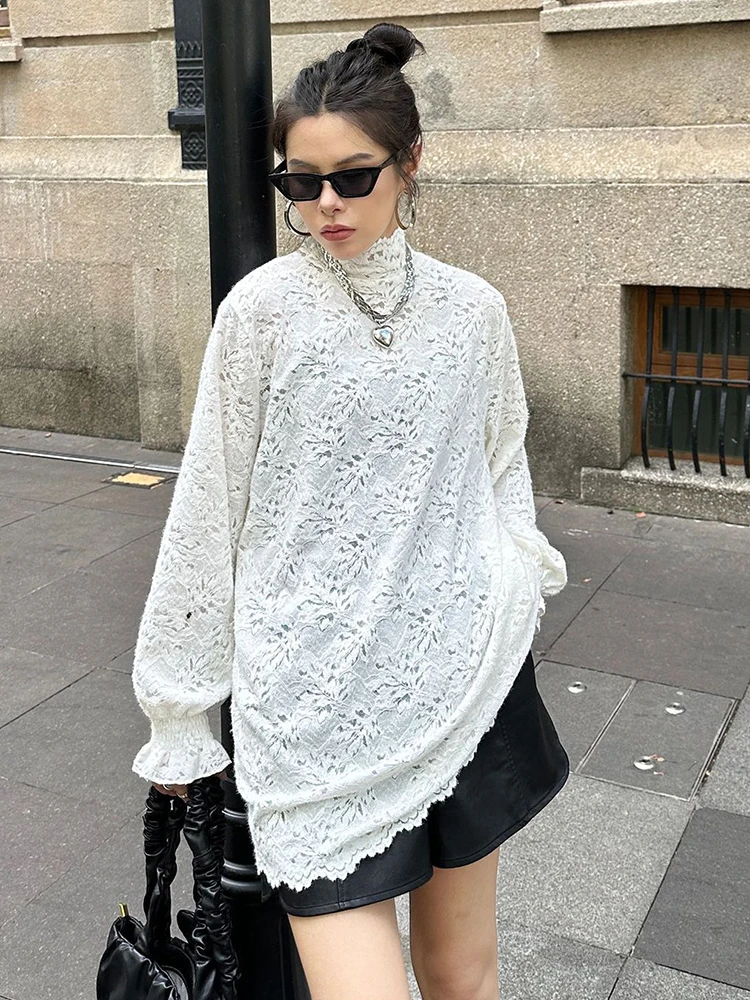 [EAM] Women White Lace Elegant Big Size Casual T-shirt New Turtleneck Long Sleeve Fashion Tide Spring Autumn 2024 1DH7910