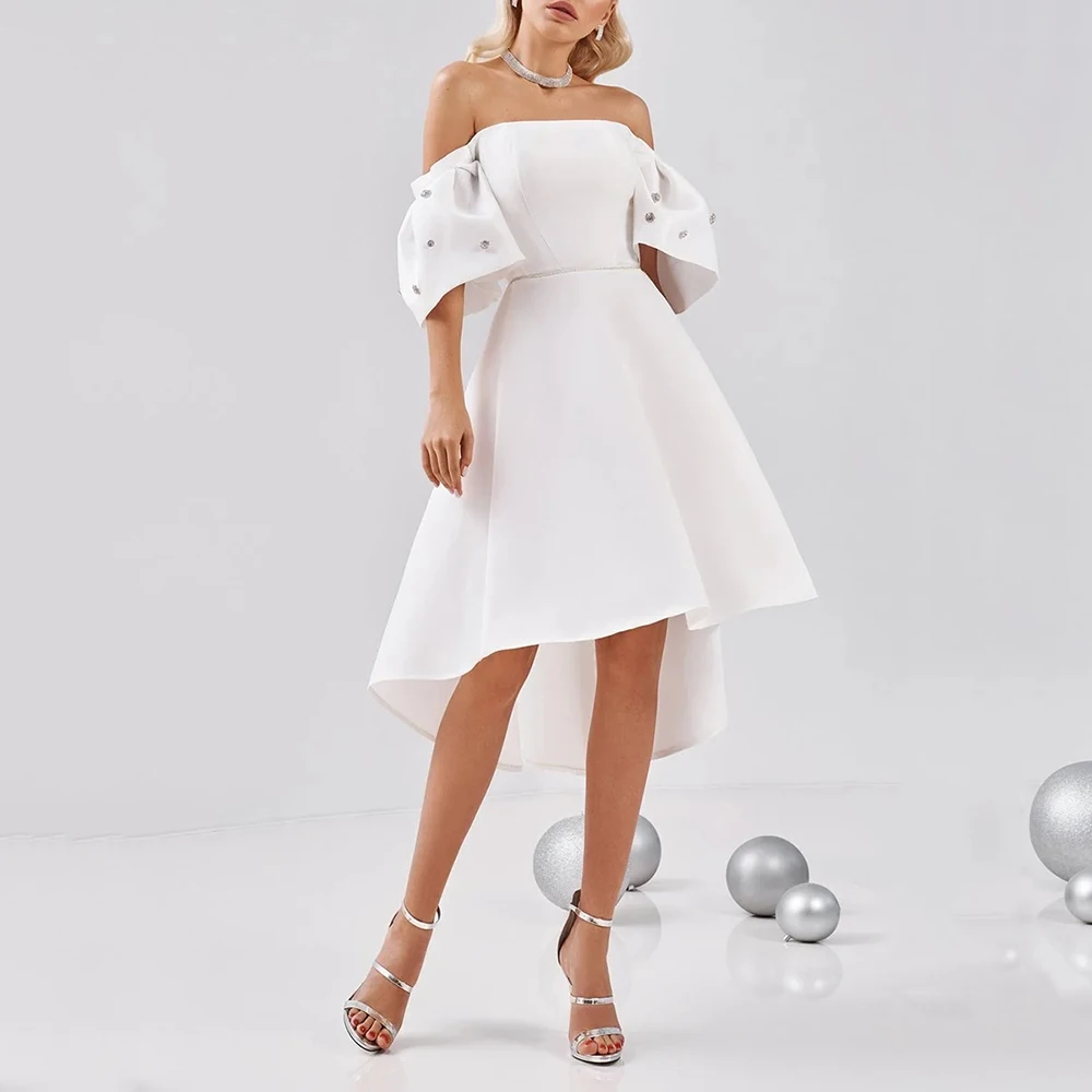 

Customized Strapless Simple Sleeveless Satin Evening Dress Off the Shoulder Crystal Party Dress A-line Knee Length Prom Gown