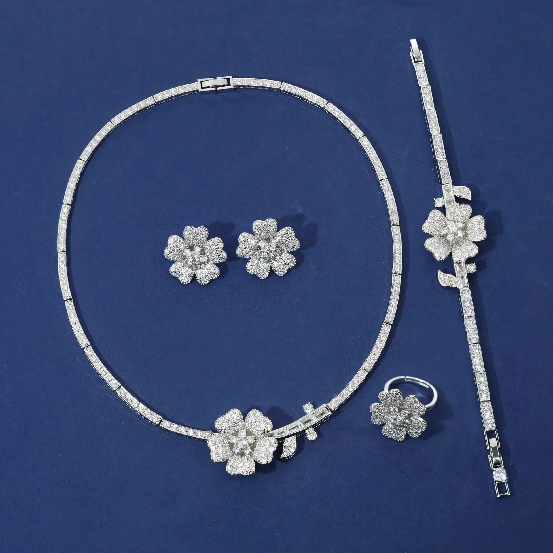 Korean Style Flower Zircon Necklace Bride Necklace Ear Bracelet Ring Evening Wedding Dress Set Accessories