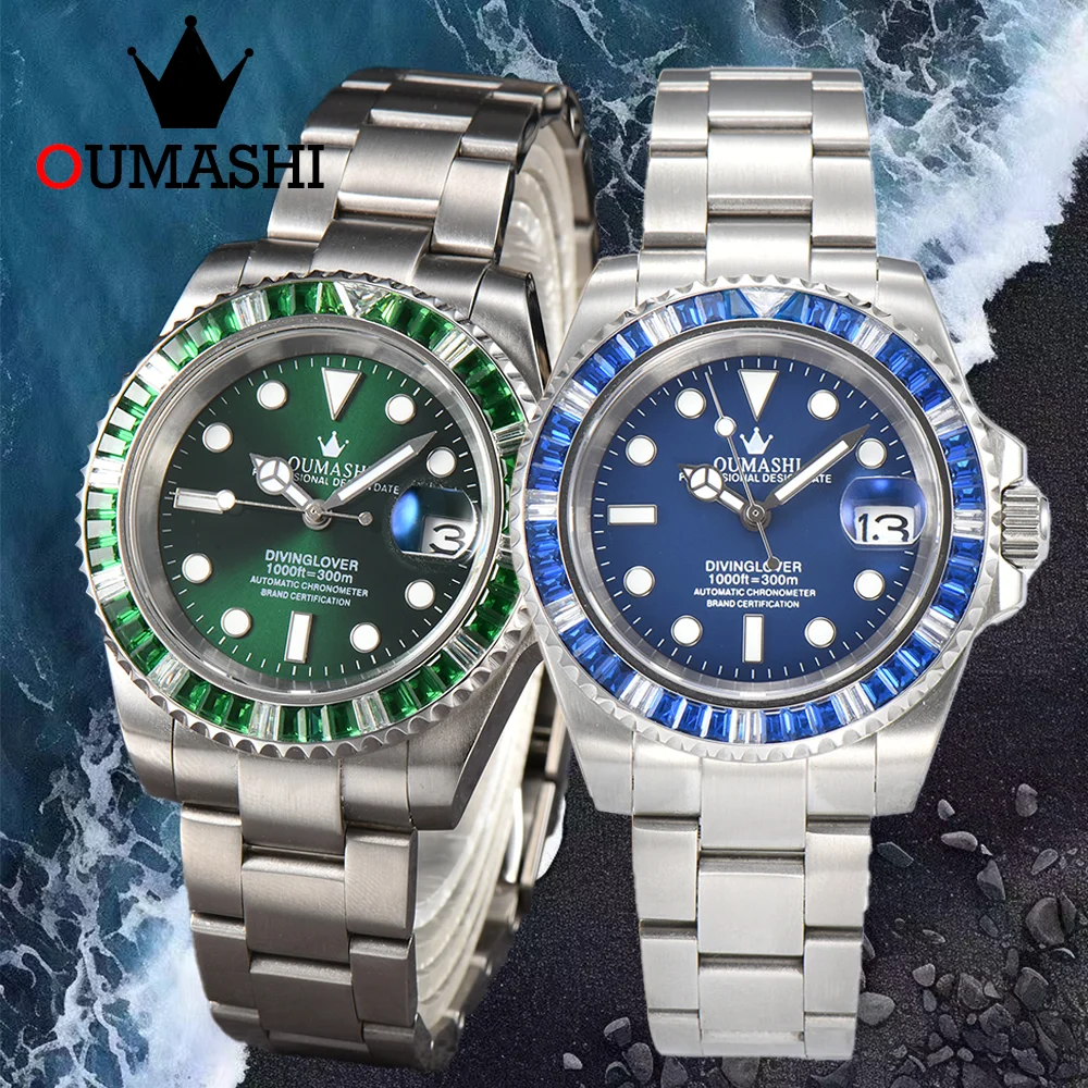 NH35A Watch Blue Diamond/Green Diamond Embedded Case SUB Watch Sapphire Glass 100 Meter Waterproof Luminous Fashion Men's Watch
