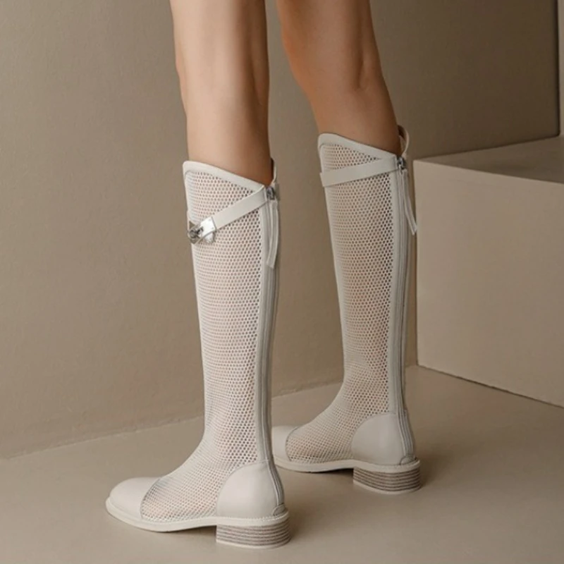 Female Summer Knee-high Mesh High Boots Women Breathable Mesh Knight Boots Thick Heel High Top Motorcycle Boots Botas Mujer image 3
