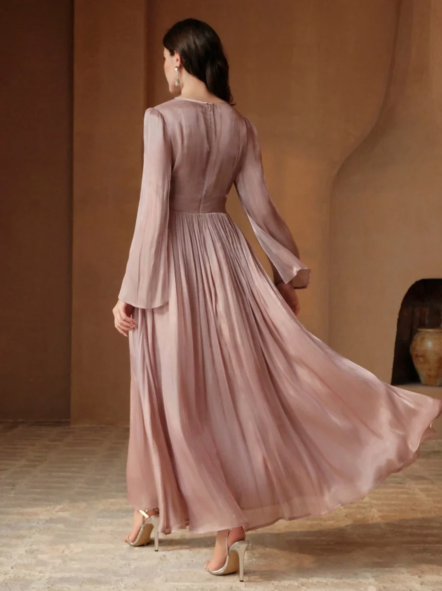 Women Classy Long Sleeve Floor‑Length Maxi Dress, Round Neck Gathered Waist Pleated Swing A‑Line Formal Gown, Stylish Outfit For