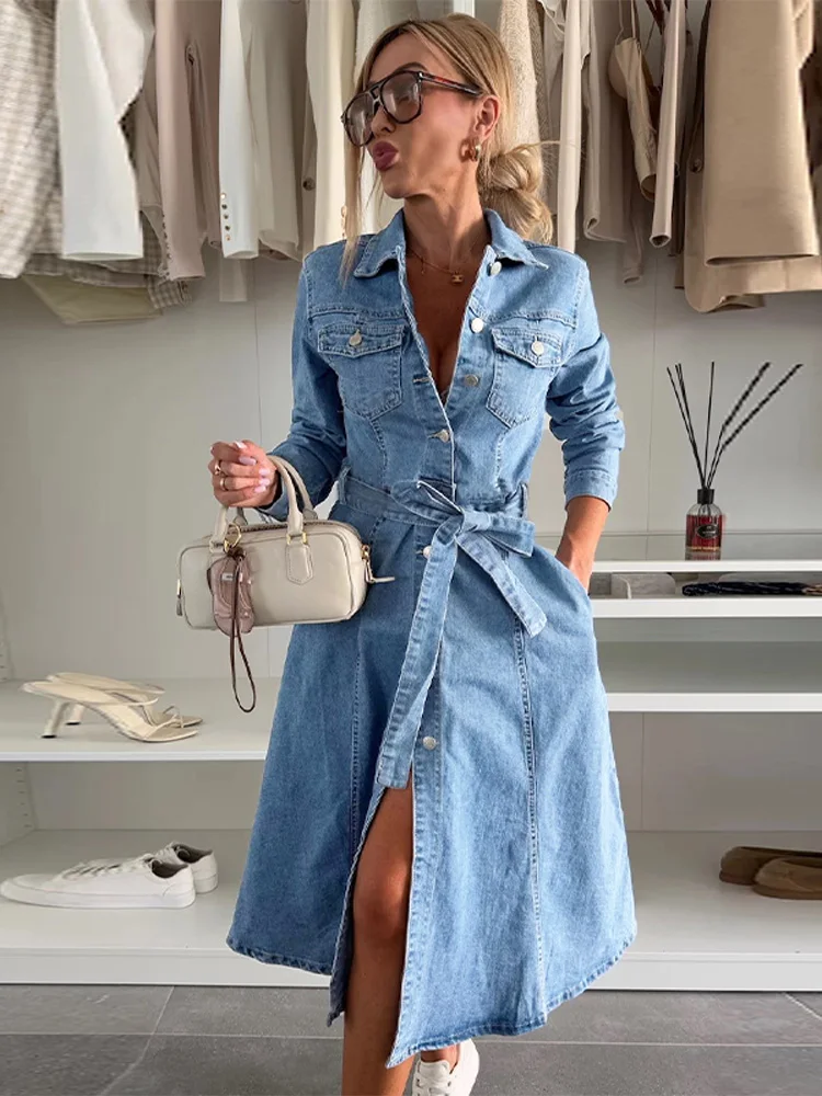 Fashion Single Breasted Long Denim Dress Women Lapel Short Sleeve Waistband A-line Dresses 2026 Fashion Single Breasted Long Denim Dress Women Lapel Short Sleeve Waistband A-line Dresses 2026