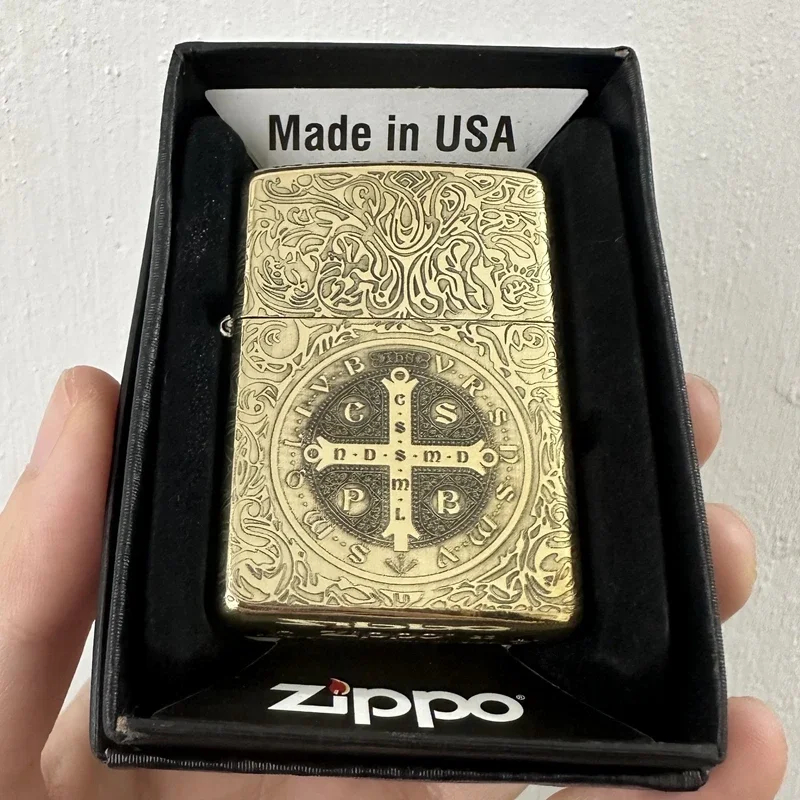 Zippo lighter Antique Golden Brass Constantine Priest Carving Windproof Collection in box