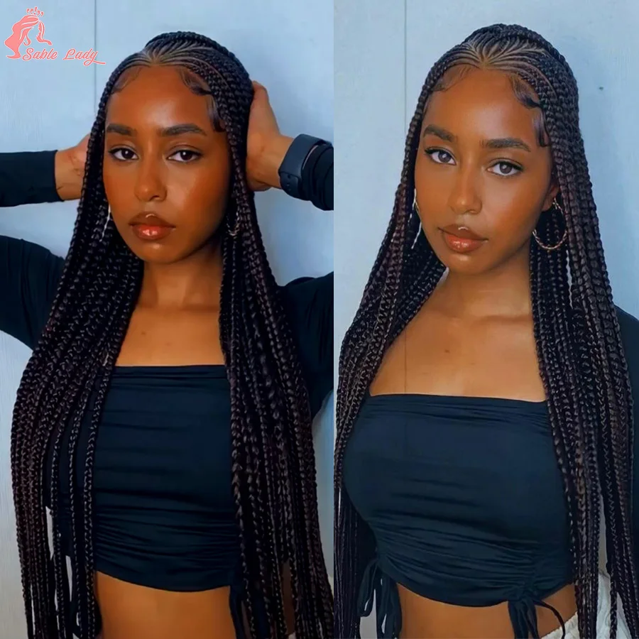 Fulani Full Lace Synthetic Cornrow Braided Wigs Knotless Box Braids Wig For Black Women 36'' Handmade Criss Cross Braiding Wigs