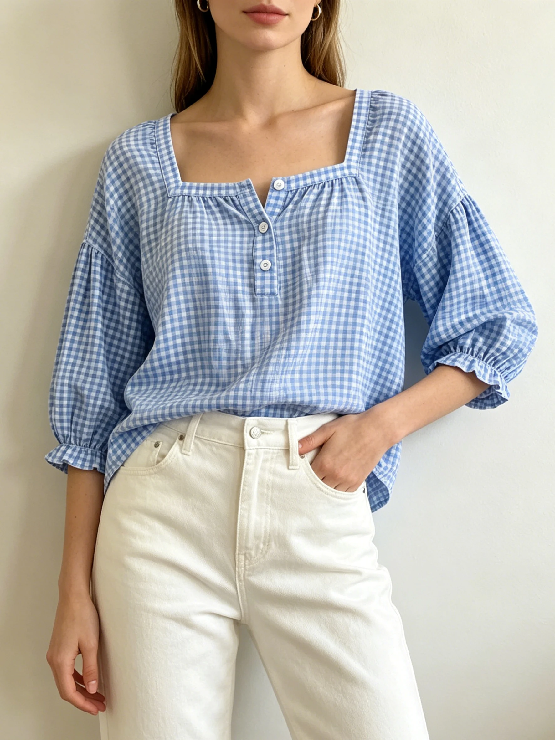 Casual Daily Square Collar Tops Half Button Lantern Elastic Cuff Ladies Blouse grid pattern Shirts view 2