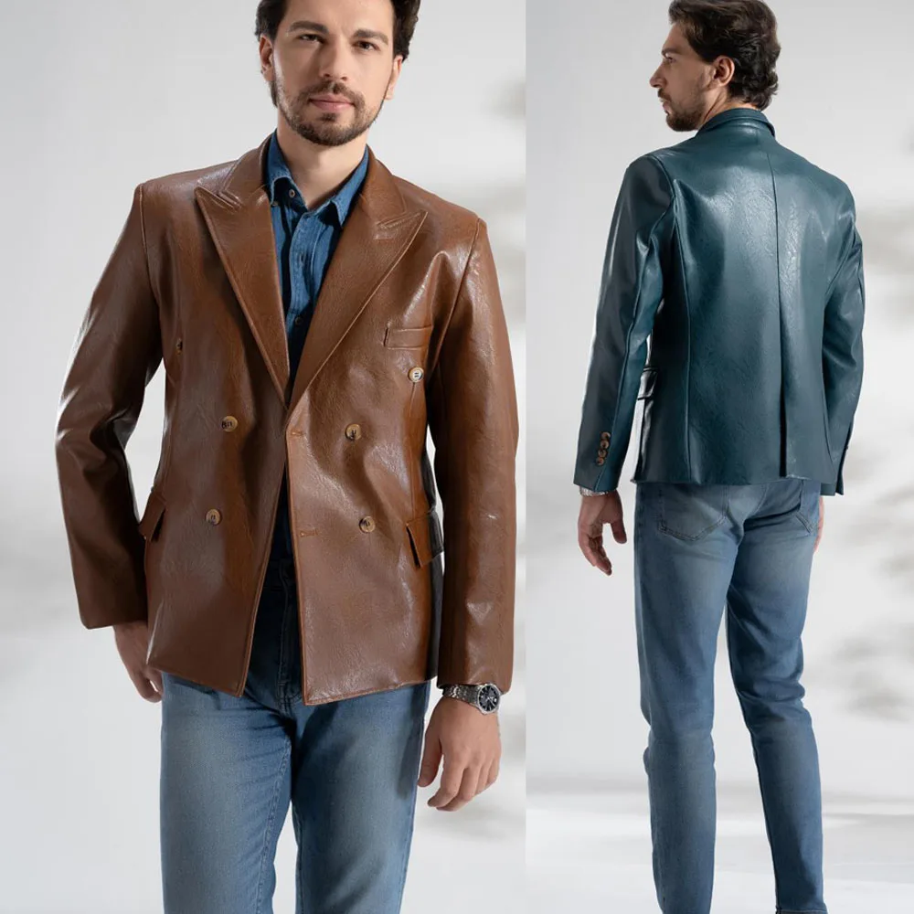 

Brown leather Coat British Leisure men's leather suit jacket Double breasted fashionable leather jacket for business banquets