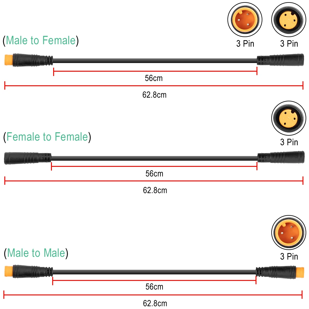 Cabo de extensão do acelerador para bicicleta elétrica, 3 pinos, sensor, acelerador, acionamento do motor, conector fêmea e macho