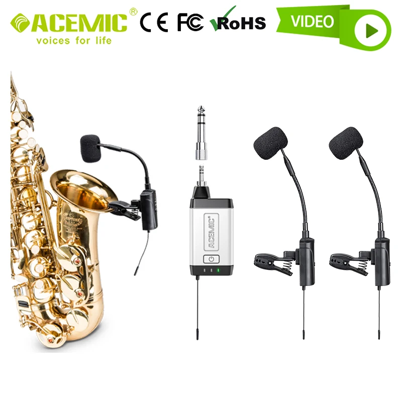 

ACEMIC Wireless Microphone System for Saxophone Trumpet Brass Instrument Dual Set Double Radio 2 Pickup Clip-on Alto Live Studio