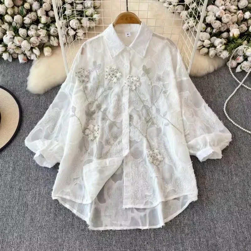 Single-breasted Shirts Diamonds Light Luxury Stereo Flower Chic Blusas Mujer New Chinese Style Vintage Women Clothing Blouses