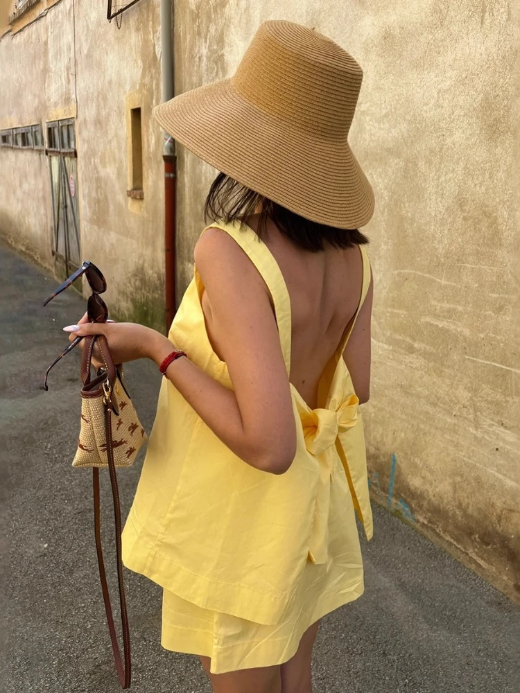 

Tossy Casual Yellow 2 Piece-Set Mini Skirt Women Sleeveless Bow Backless Tank Top And Loose Patchwork Mini Skirt Female Sets New