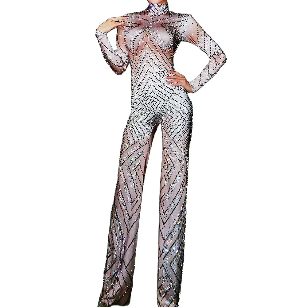

Glitter Diamonds Women Long Sleeve Loose Legs Jumpsuits Fashion DJ Singer Jazz Dance Stage Wear Nightclub Evening Prom Romper