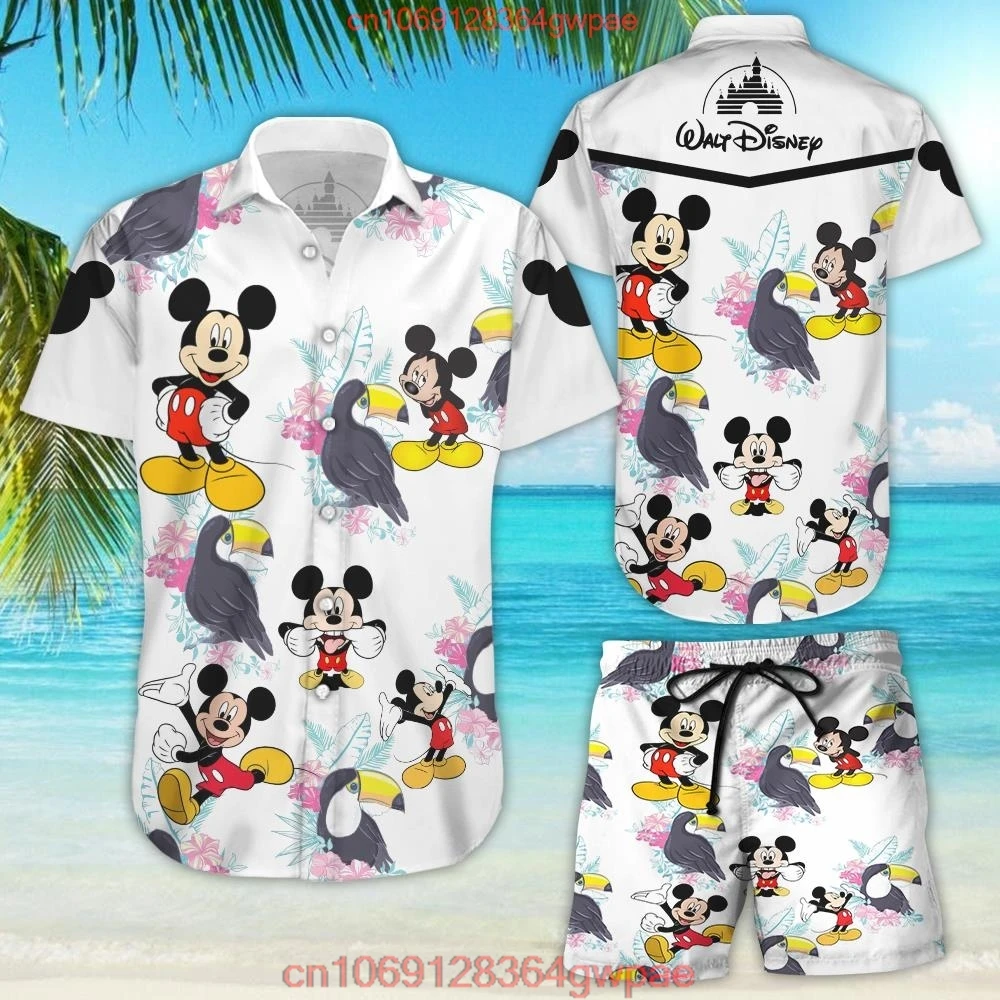 Mickey Hawaiian Shirt Shorts Set Men\'s Women\'s Summer Casual Beach Vacation Shirt Set Disney Beach Shorts Vintage Button Shirt