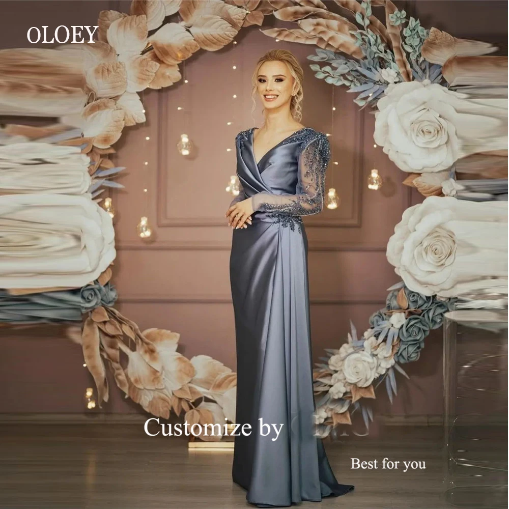 

OLOEY Modest Grey Satin Mother Evening Dresses Dubai Arabic Women Long Sleeves V Neck Beads Pleats Prom Gowns Formal Party