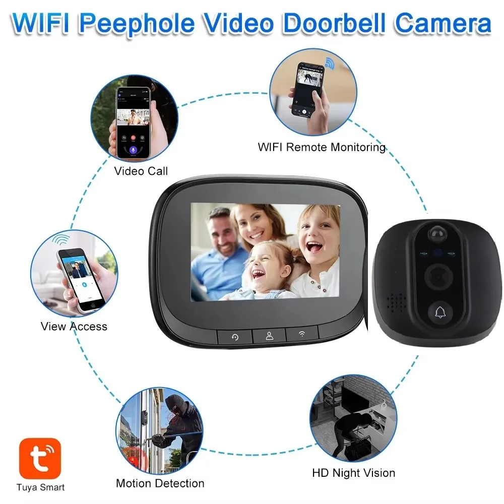 Nieuwe 4.3Inch Tuya Kijkgaatje Deurbel 2.4GHz Wifi Smart Home Draadloze Nacht PIR Bewegingsdetectie Cat Eye Deurbel camera