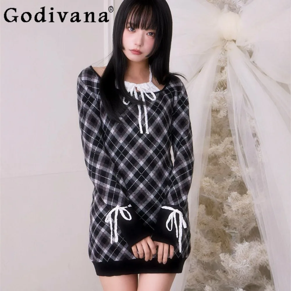 

2026 Spring New Japanese Style Sweet Plaid Knitted Long Sleeve Dress Girls Women Slim Fit Elegant Retro Casual Knit Short Dress