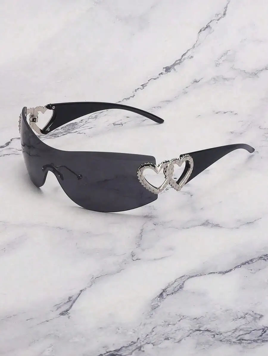 1Pc Women Y2K Frameless Fashion Glasses, Metal Heart Decor, Oversized Wrap Frame, Preppy Street Style Shades For Beach Party, Vacation, Music Festival