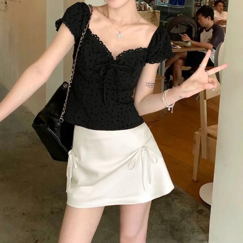 A-Line Skirt for Women Elegant Satin Glossy Fabric Preppy Bow Low Waist Mini Skirt Female New Korean Party Pink Ball Gown Skirts