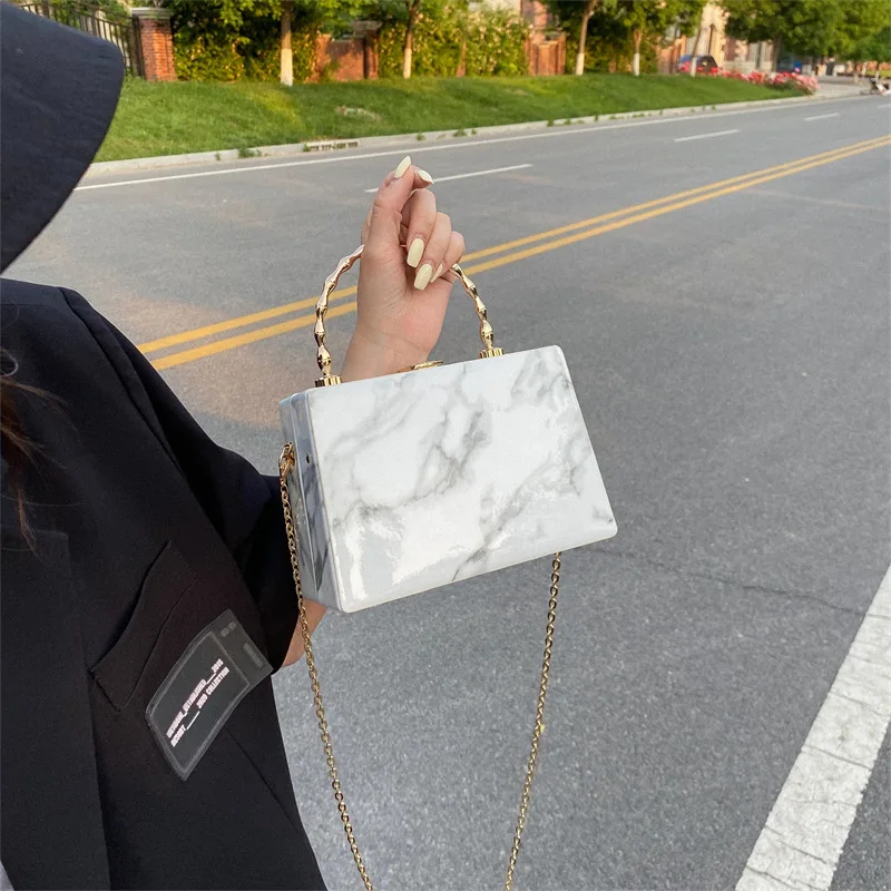 Women Acrylic Box Shoulder Bag Fashion Marble Pattern Chain Bag Women\'s  Matal Hadle Clutch Evening Bag