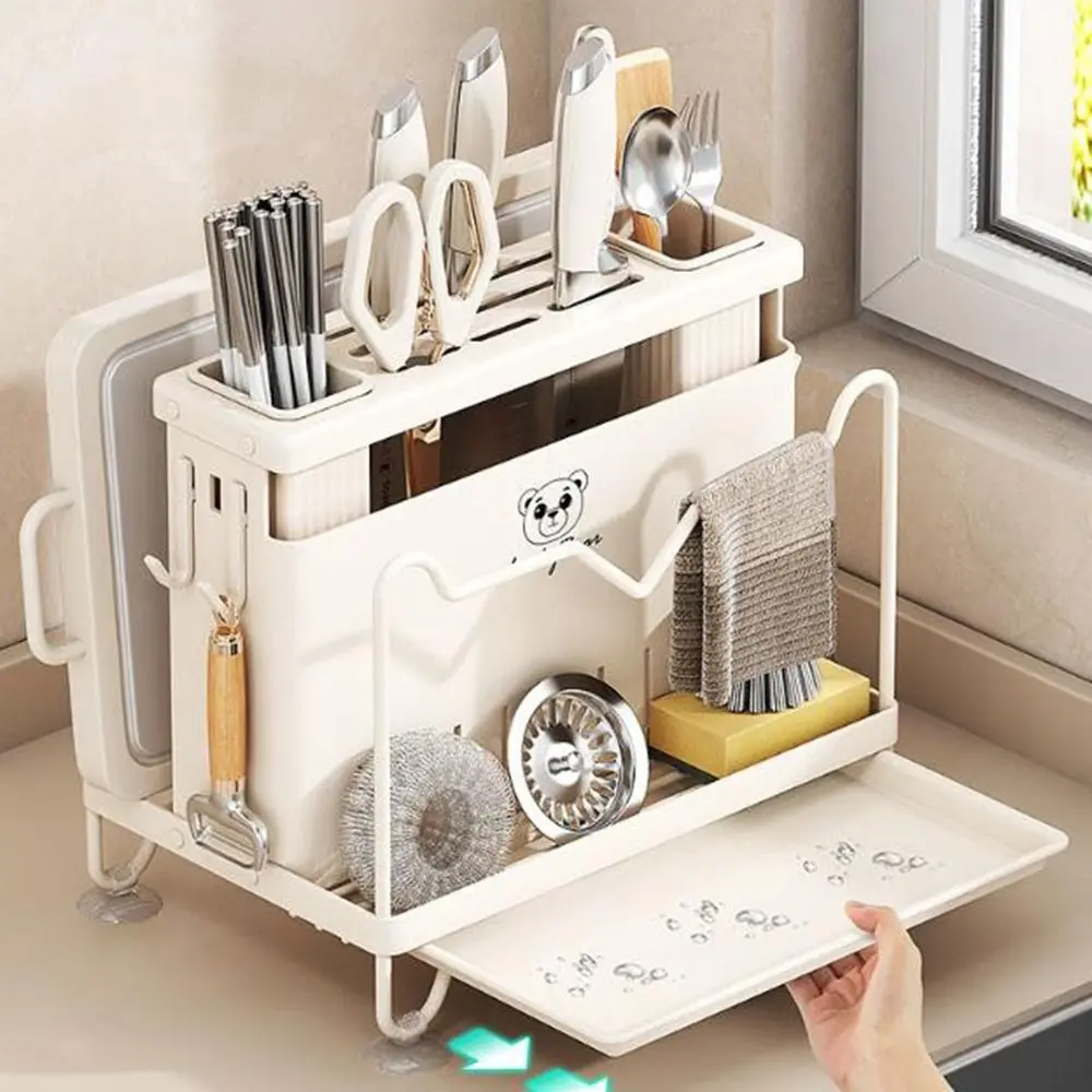 

Modern Stable Cutter Holder Anti-slip Large Capacity Cutlery Drying Rack Space Saving with Water Tray Cutlery Organizer for Home