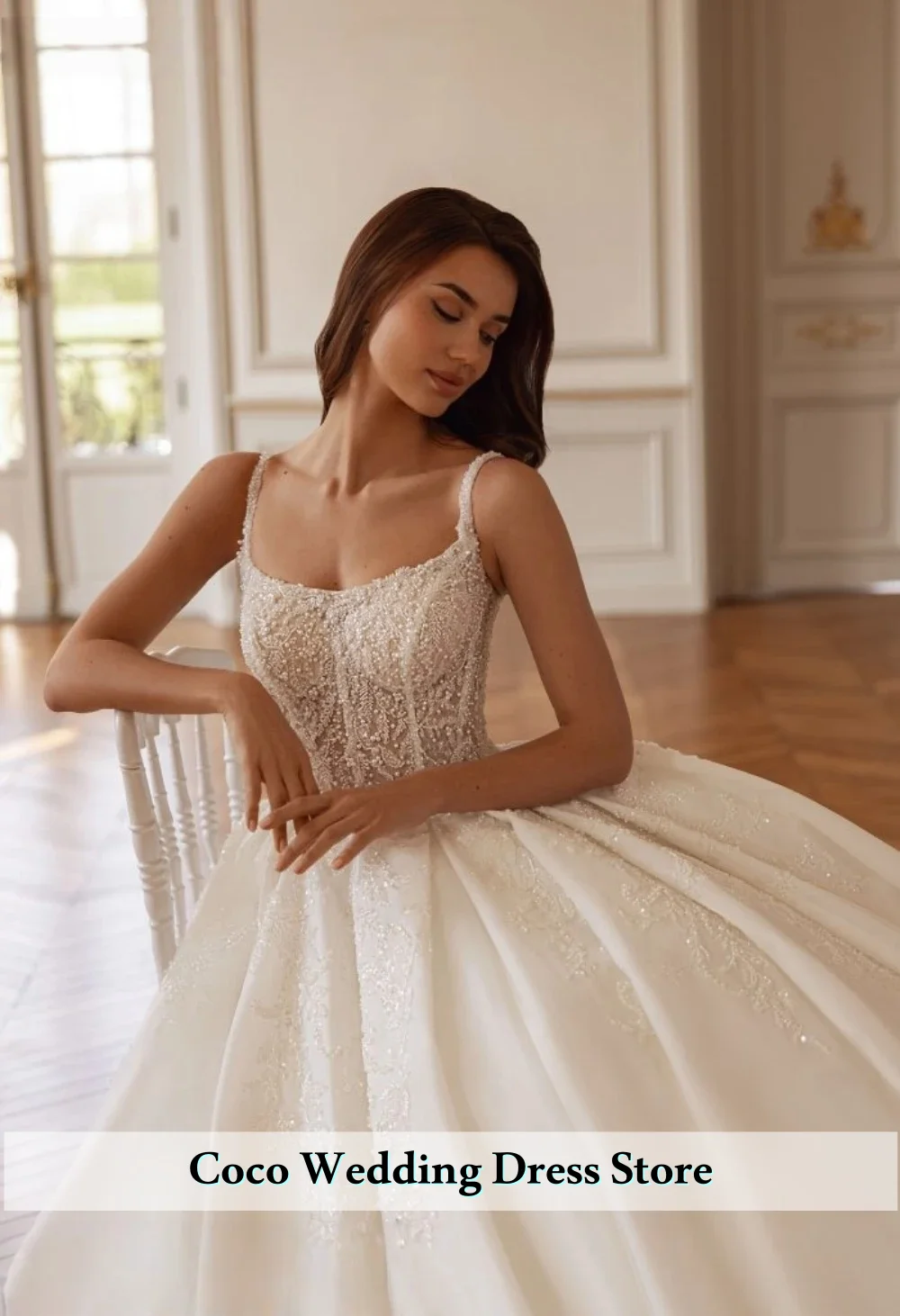 فستان زفاف رائع مخصص سباركلي على شكل حرف A مزين بالدانتيل واللؤلؤ المطرز فستان زفاف العروس فيستدوس دي نوفيا