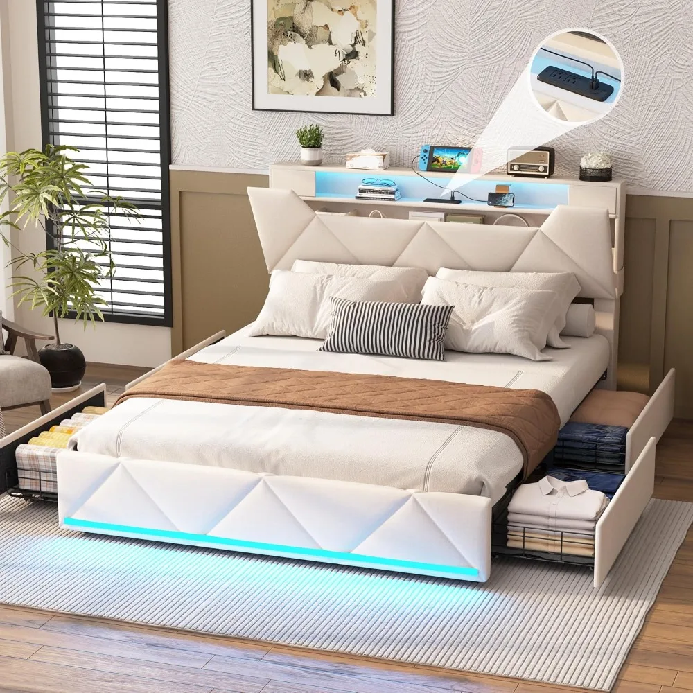 Bed Frame with Storage Headboard and 4 Drawers,Upholstered Platform with Charging Station and Led Lights,Adjustable Headboard