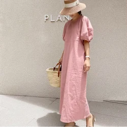 Johnature 2025 New French Vintage Balloon Sleeve Crew Neck Dress Women Summer Korean Version Loose Casual Dresses