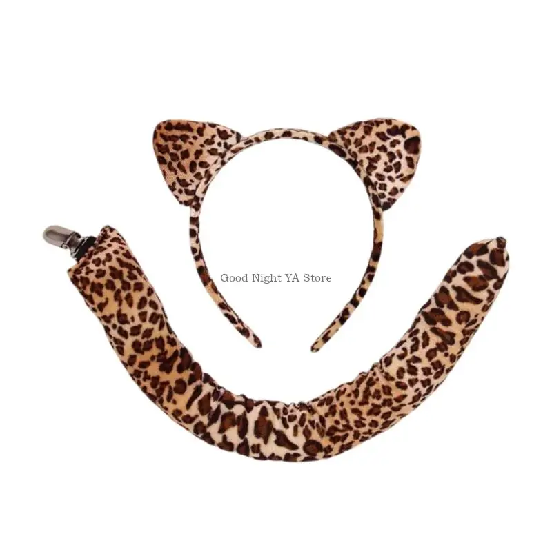 Tocado orejas felinas estilo leopardo y cola móvil, complementos vestuario cómodos para eventos disfraces personajes