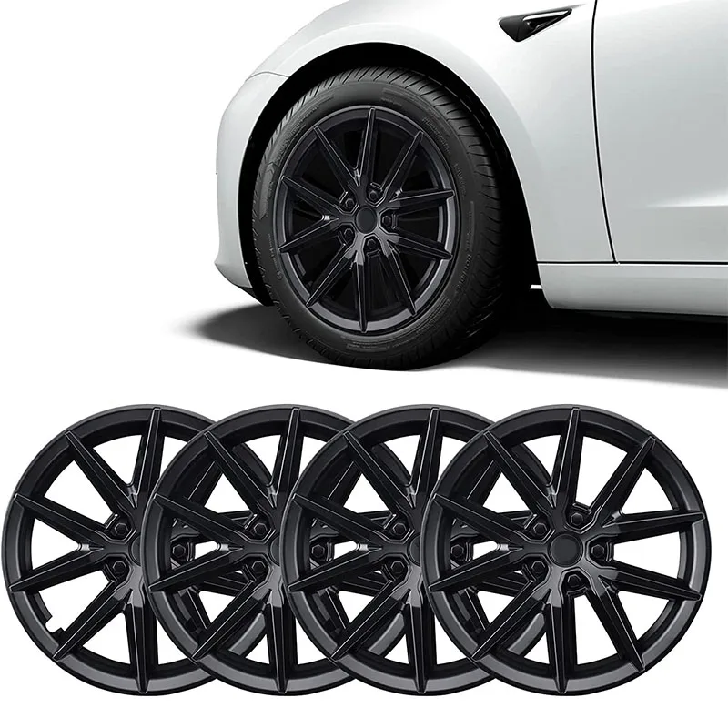 Car Wheel Cover Hub Caps 18 inch Compatible For Tesla Model 3 18\'\' Hubcap Replacement Accessories  Bright Black 4pcs Set