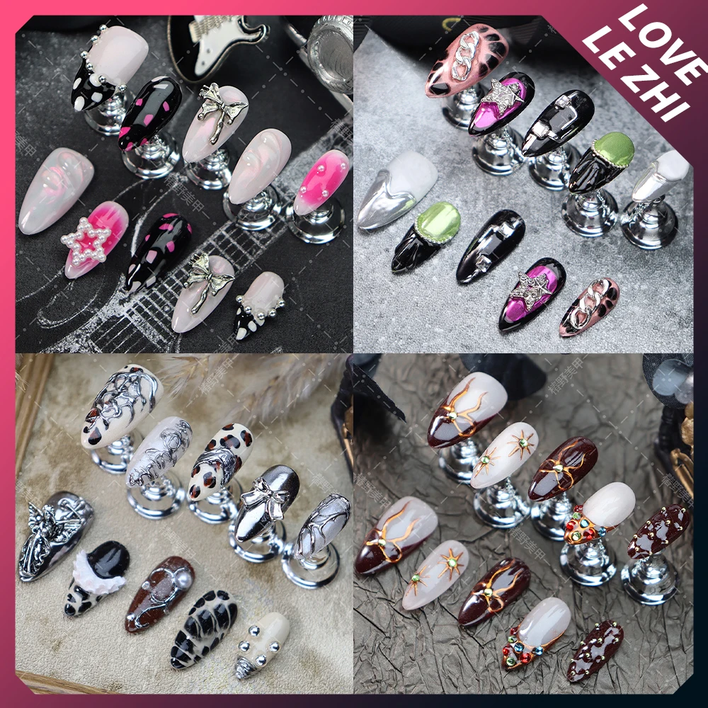

10Pcs Spice Girl Handmade Almond Reusable French Press On Nails Magic Mirror Powder Diamond Bowknot Leopard Print Fake Nails