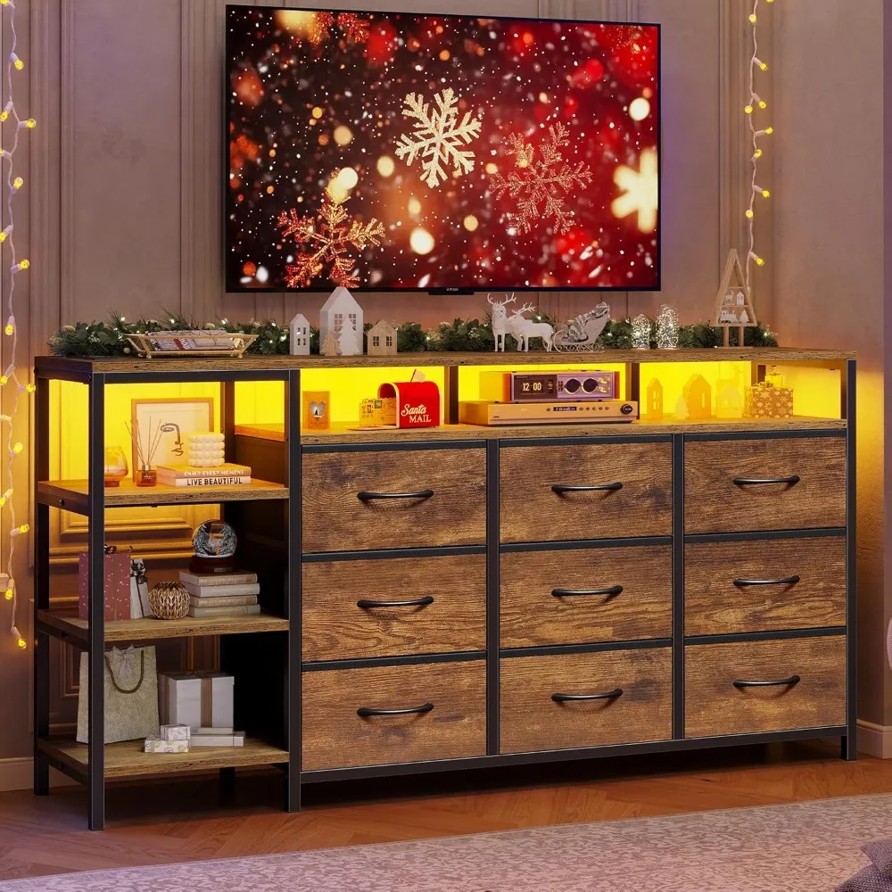 حامل تلفزيون 60 بوصة، خزانة ملابس مع قاعدة شحن، مركز ترفيه مكون من 9 أدراج بإضاءة LED، وحدة تحكم على الطراز الصناعي