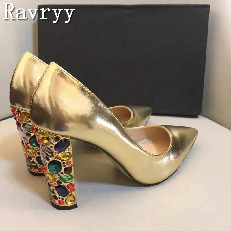 Luxury Colored Rhinestone Thick Heels Pumps Women New Black Gold Sheepskin Pointed Toe High Heels Ladies Fashion Dress Shoes
