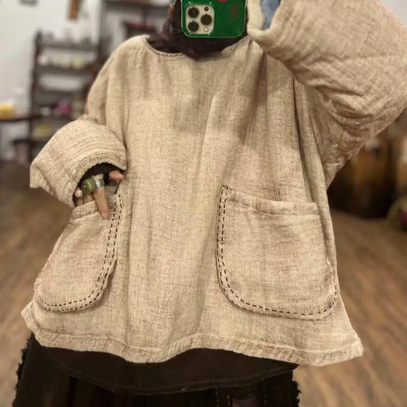Autumn Arts Style Loose Casual O-neck Cotton Linen Pullovers Women Vintage Print Thicken Cotton Liner Hoodie High Quality
