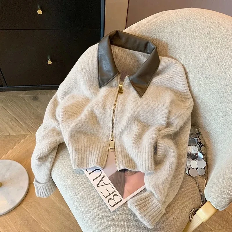 

New Autumn Winter New knitted Cardigan Sweater Women Fashion Long-Sleeved Short Splicing leather Collar zipper Female Sweater