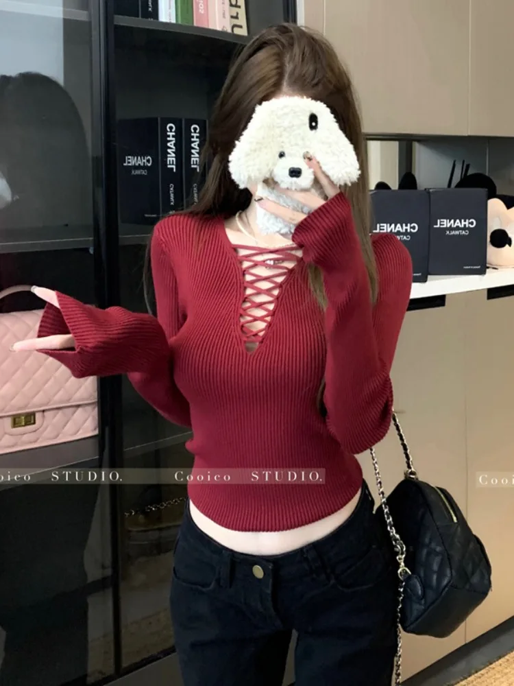 American Style Cross Hollow Knitted Sweater Women's Autumn Winter New Sexy Fashion Slimming Overhead Top Body Shape Enhancing